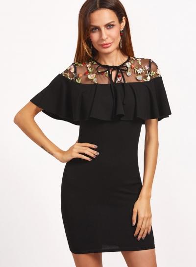 Oasap Mesh Panel Floral Embroidery Bodycon Dress
