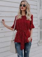 Oasap Round Neck Flare Sleeve Polka Dot Blouse With Belt