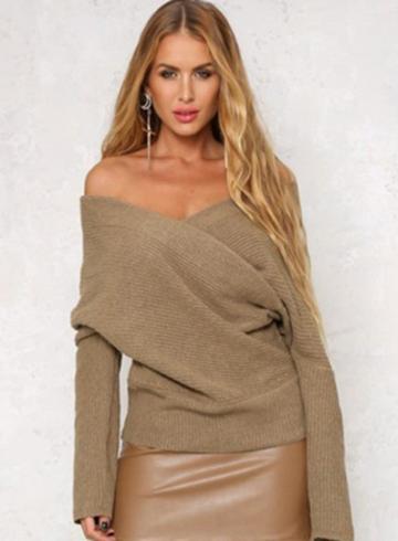 Oasap Ribbed Knit Faux Wrap V Neck Pullover Sweater