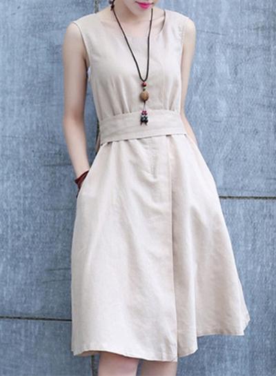 Oasap Solid Color Sleeveless Back Bow Linen Dress