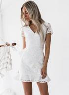 Oasap Lace Embroidery Flounce Short Sleeve Short Dress With Bowknot