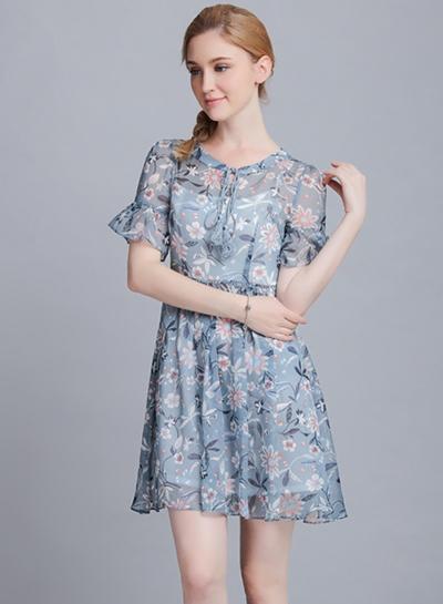 Oasap Cute Floral Print Flounce Sleeve Sheer Dress