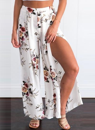 Oasap Loose Fit Floral Printed Higg Slit Wide-leg Pants