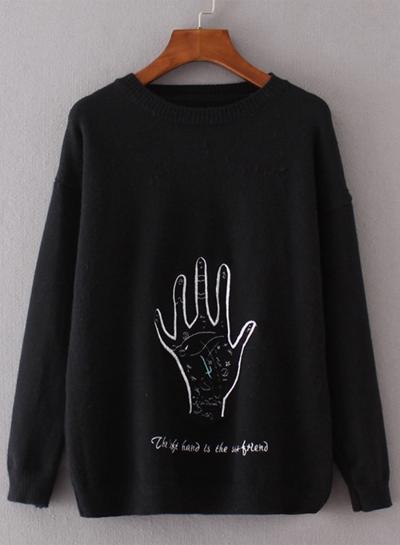 Oasap Round Neck Long Sleeve Solid Color Patterned Sweater
