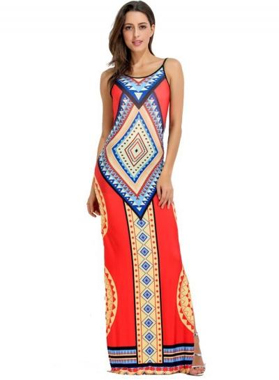 Oasap Bohemian Geometric Print Sleeveless Backless Maxi Dress