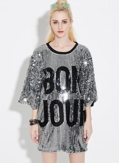 Oasap 3/4 Sleeve Letter Printed Sequins Club Dress