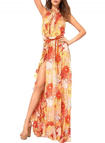Oasap Women's Halter Open Back High Slit Maxi Beach Dress