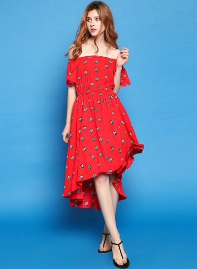 Oasap Off Shoulder Short Sleeve High Low Midi Dress