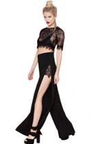Oasap Sheer Eyelash Lace Top With Side Split Palazzo Pants