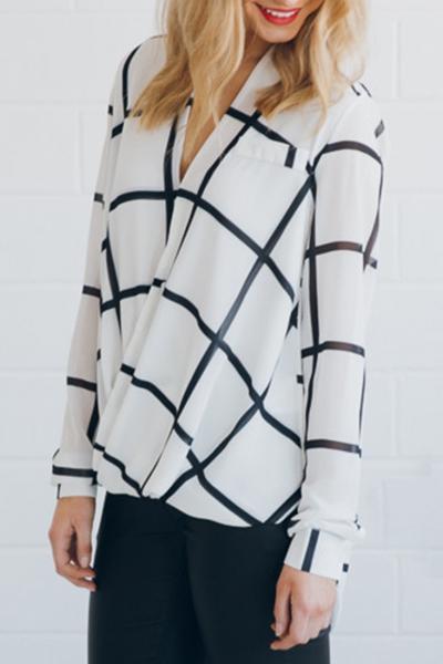 Oasap Black And White Plaid V Neck Chiffon Blouse