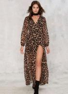 Oasap Leopard V Neck Lantern Sleeves Dress
