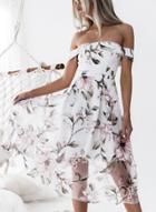Oasap Slash Neck Floral Printed Net Yarn Splicing Dress