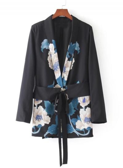 Oasap Trrn-down Collar Long Sleeve Floral Print Blazer With Belt