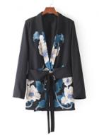 Oasap Trrn-down Collar Long Sleeve Floral Print Blazer With Belt