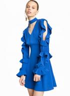 Oasap Vintage Choker V Neck Flounce Sleeve Solid Color Mini Dress