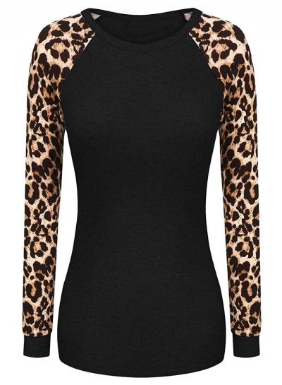 Oasap Round Neck Long Sleeve Leopard Splicing Tee Shirt