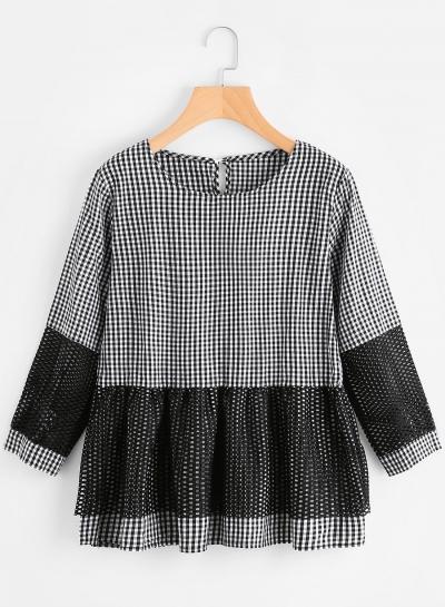 Oasap Round Neck Plaid Lace Blouses