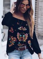 Oasap Sexy Embroidered Half Sleeve Slash Neck Off The Shoulder Blouse