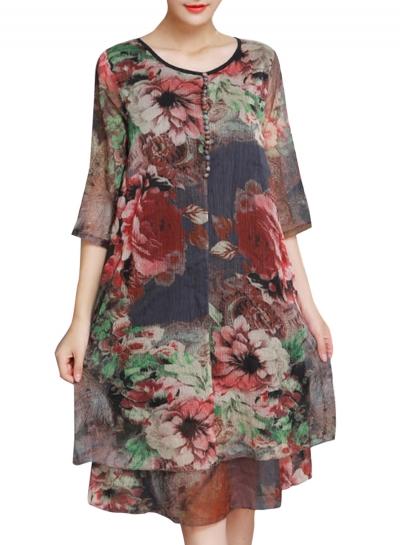 Oasap Women's Casual 3/4 Sleeve Floral Print Knee Length Dress