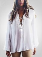 Oasap Loose V Neck Lace Up Solid Color Blouse