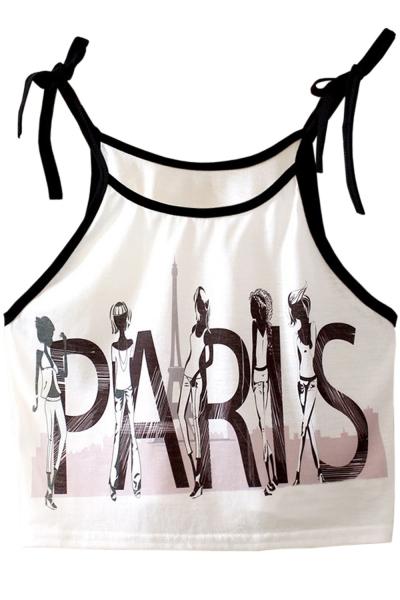 Oasap Paris Graphic Lace-up Spaghetti Strap Crop Top