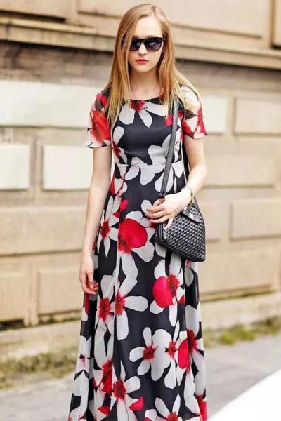 Oasap Swing Floral Print Short Sleeve Midi Dress