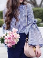 Oasap Round Neck Flare Sleeve Slim Fit Striped Blouse