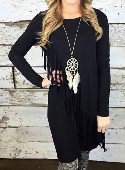 Oasap Round Neck Solid Color Long Sleeve Fringe Mini Dress