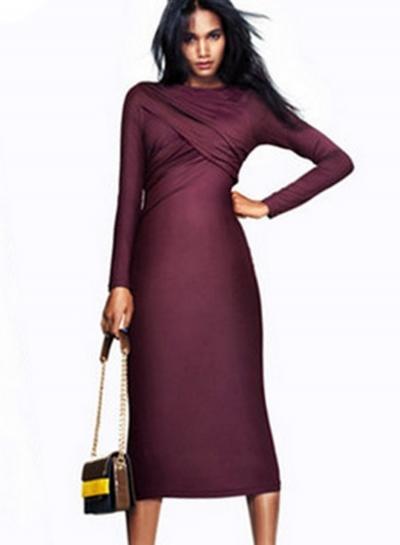 Oasap Women's Ruched Long Sleeve Midi Dress
