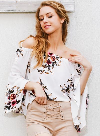 Oasap Fashion Off Shoulder Flare Sleeve Floral Pullover Blouse
