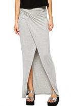 Oasap Sexy Trendy Gray Jersey Drape Front Slit Maxi Skirt