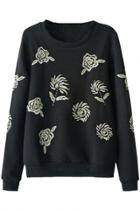 Oasap Black Trendy Floral Embroidery Sweatshirt