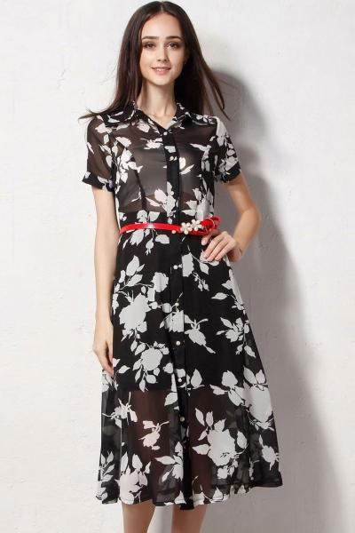 Oasap Elegant Floral Print Button Up Midi Dress For Woman