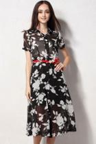 Oasap Elegant Floral Print Button Up Midi Dress For Woman