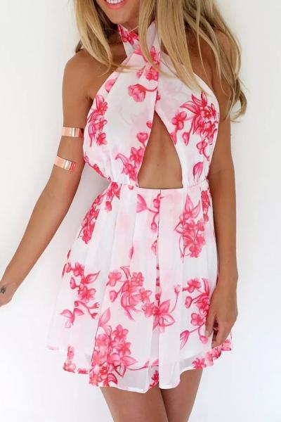 Oasap Sexy Crisscross Front Backless White Floral Dress