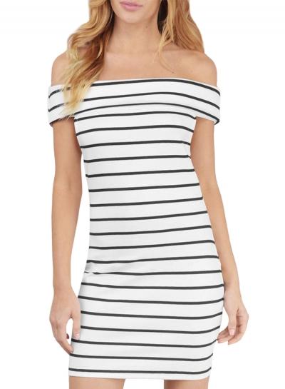 Oasap Women's Slash Neck Off Shoulder Striped Bodycon Mini Dress