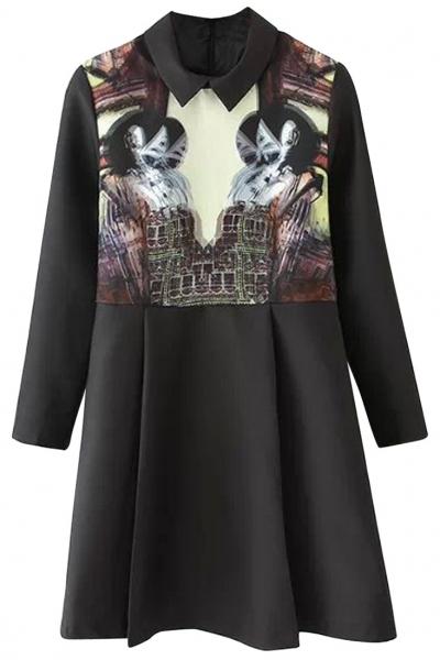 Oasap Demure Black Graphic Mini Dress