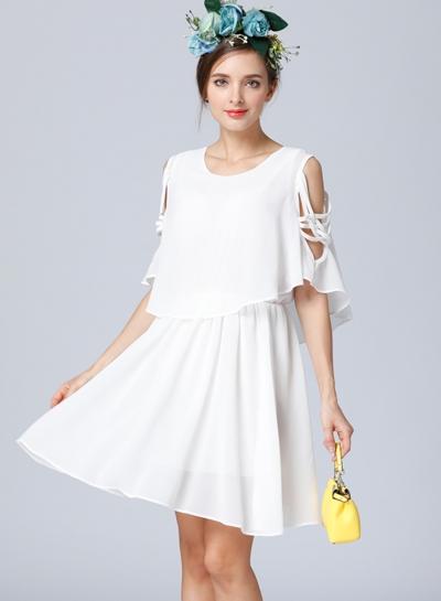 Oasap Solid Color Round Neck Off Shoulder Flare Sleeve Dress