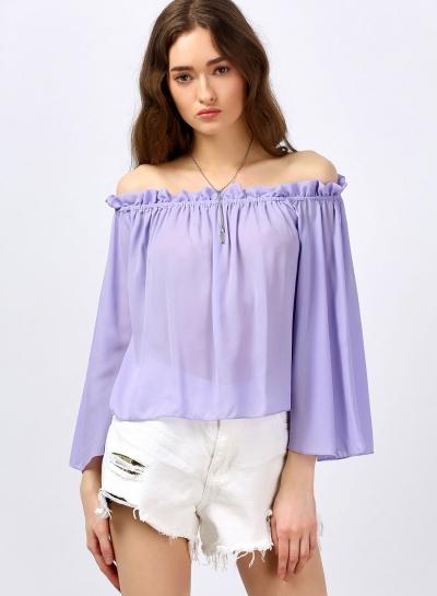 Oasap Off Shoulder 3/4 Sleeve Loose Ruffles Blouse