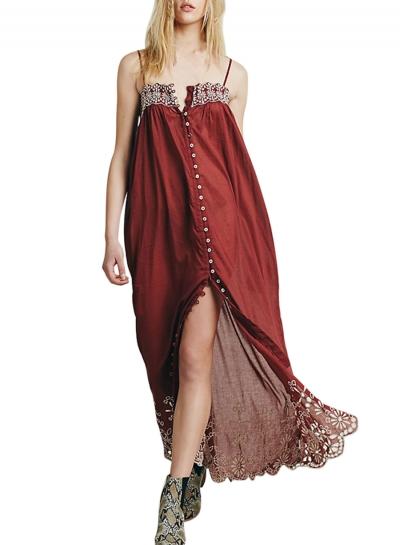 Oasap Women's Casual Spaghetti Strap Floral Embroidery Beach Midi Dress