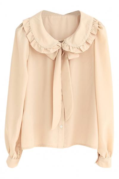 Oasap Ruffled Collar Neck-tie Button Down Shirt