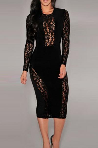 Oasap Black Lace Accent Party Midi Dress
