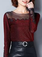 Oasap Round Neck Long Sleeve Net Yarn Splicing Sequins Decoration Blouse