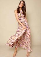 Oasap Halter Sleeveless Off Shoulder Floral Printed Split Maxi Dress
