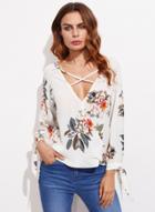 Oasap V Neck Long Sleeve Floral Printed Lace-up Blouse