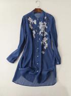 Oasap Floral Embroidery Button Down Long Sleeve Denim Dress