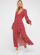 Oasap Deep V Neck Long Sleeve High Waist Bird Print Maxi Dress