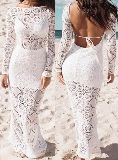Oasap Round Neck Long Sleeve Lace Maxi Dress