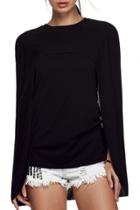 Oasap Black Round Neck Slim Fit Shawl Knit Tee