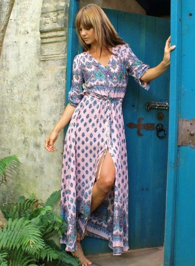 Oasap Boho V Neck High Slit Maxi Printed Dress